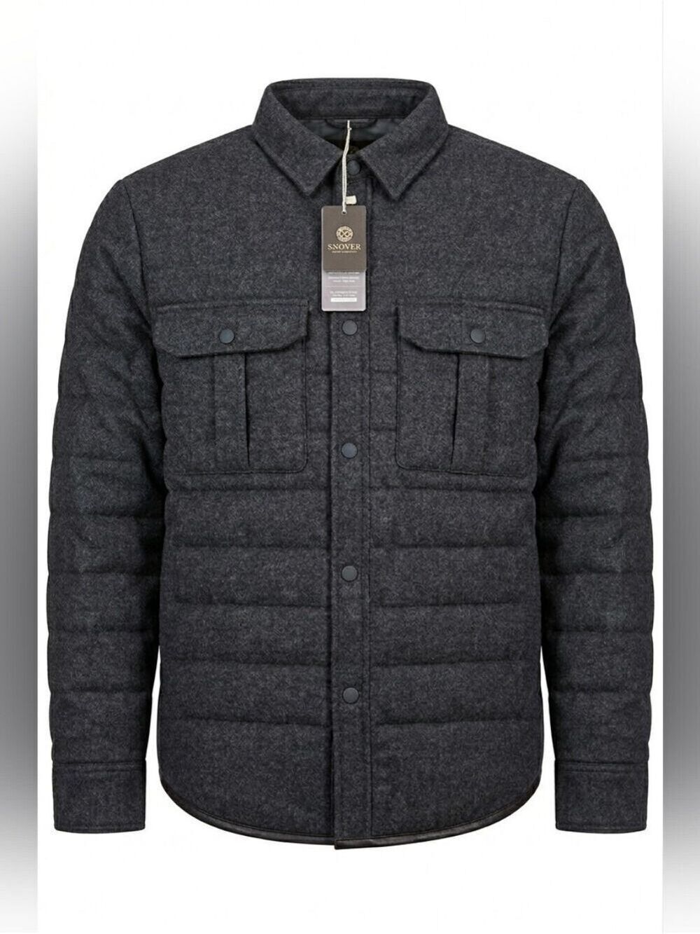 Men's Charcoal 100% Wool, Down Filled Quilted Collared Jacket Snover XL, NWT